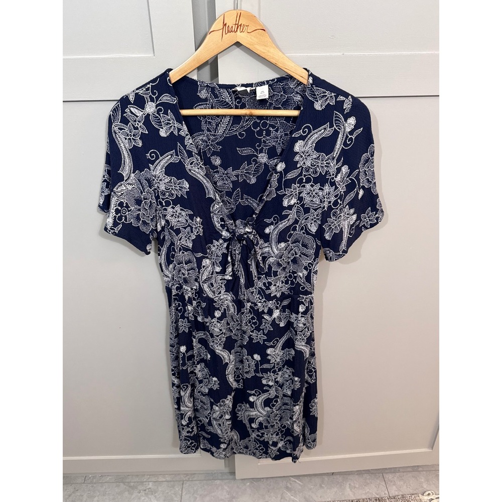 Roxy Navy Blue White Floral Paisley Tie Front Mini Dress Large Short Sleeve